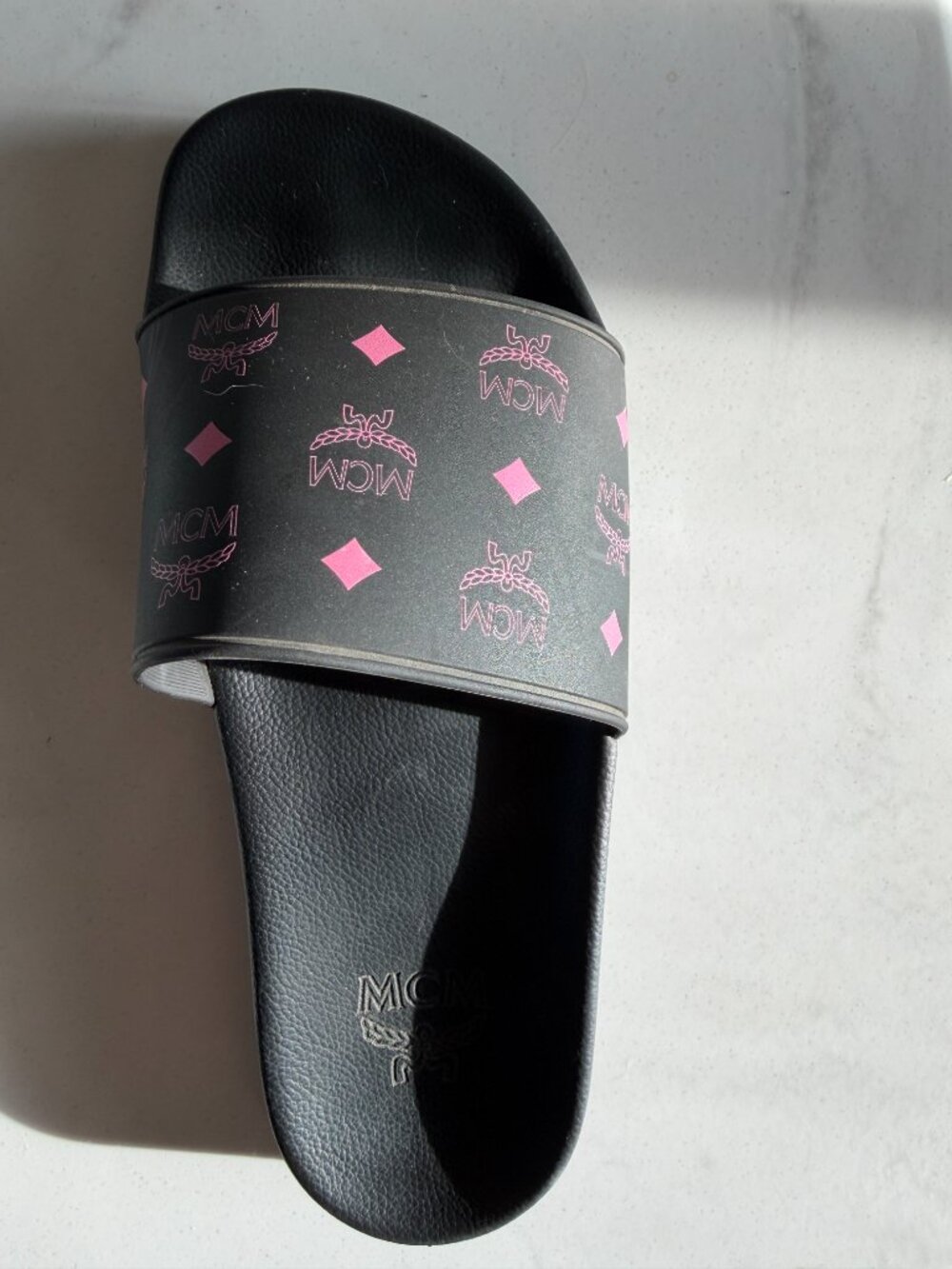 MCM Black Pink Monogram Print Rubber Slides Sandals Great Used Condition w/ Box - Picture 4 of 12